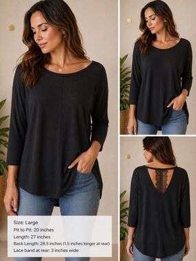 Black V-Neck Top with Lace Back Detail – Size Large